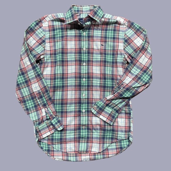 Vineyard Vines Whale Button Down Plaid Green Pink Shirt Cotton Men's Size XS - Picture 1 of 9